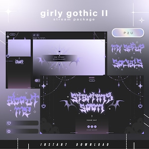 Peut inclure: Un ensemble de flux numérique sur le thème gothique girly. Le design présente une palette de couleurs violet foncé et noir avec des accents d'ailes de chauve-souris et de cœurs. Le texte comprend "girly gothic II", "my setup socials" et "starting soon".