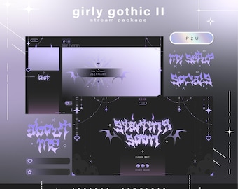 Puede incluir: Un paquete de transmisión digital con un tema gótico femenino. El diseño presenta una combinación de colores púrpura oscuro y negro con detalles de alas de murciélago y corazón. El texto incluye "girly gothic II", "my setup socials" y "starting soon".