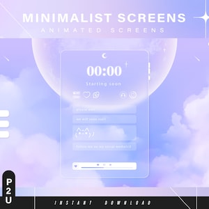 Op de afbeelding: Een minimalistische telefoon schermmoc-up met een lichtblauwe en paarse gradiënt achtergrond. Het scherm toont een aftelklok met de tekst "00:00" en "Start binnenkort". Het scherm bevat ook sociale media-iconen, een voortgangsbalk en de tekst "P2U" en "INSTANT DOWNLOAD".