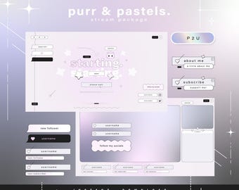 Ronronar e pastéis - Y2K - Pacote Twitch - Pacote de transmissão mínima animada - Cenas de transmissão - Sobreposições Twitch - Telas animadas - Painéis Twitch