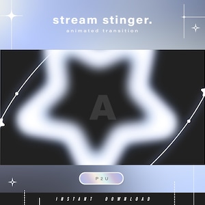 May include: A digital graphic with a star-shaped design in white against a black background. The text "stream stinger. animated transition" is at the top, with "A" in the center of the star. The bottom reads "instant download."