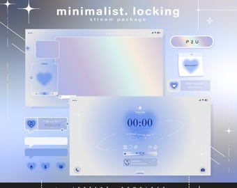 May include: A blue and white minimalist Twitch stream package with a timer, a welcome message, and a "About Me" section. The package has a holographic background with stars and a heart icon.
