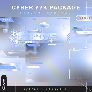 Cyber y2k Twitch Pack - Pacote de transmissão mínima animada - Cenas de transmissão - Sobreposições Twitch - Telas animadas Pacote de transmissão Vtuber Twitch