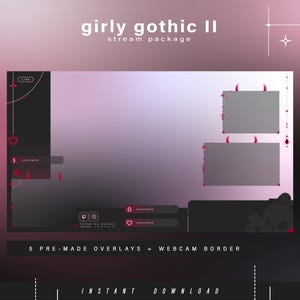 Może przedstawiać: Cyfrowy pakiet streamingu w stylu girly gothic. Projekt zawiera gradientowe tło w odcieniach r&oacute;żu i czerni, z elementami dekoracyjnymi, takimi jak serca i rogi. Widoczny jest tekst "girly gothic II" i "stream package".