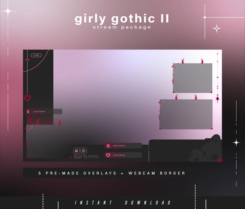 Może przedstawiać: Cyfrowy pakiet streamingu w stylu girly gothic. Projekt zawiera gradientowe tło w odcieniach r&oacute;żu i czerni, z elementami dekoracyjnymi, takimi jak serca i rogi. Widoczny jest tekst "girly gothic II" i "stream package".