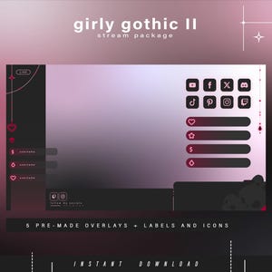Może przedstawiać: Cyfrowy pakiet streamingu w stylu girly gothic. Projekt zawiera gradientowe tło w odcieniach r&oacute;żu i fioletu, z czarno-białymi akcentami. Zawiera ikony medi&oacute;w społecznościowych, etykiety i nakładki.