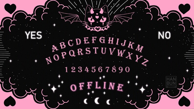 May include: A black and pink Ouija board with a cat illustration and the words "YES", "NO", and "OFFLINE".