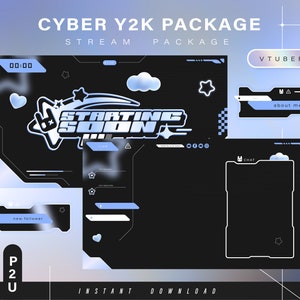 Cyber y2k Twitch Pack - Pacote de transmissão mínima animada - Cenas de transmissão - Sobreposições Twitch - Telas animadas Pacote de transmissão Vtuber Twitch