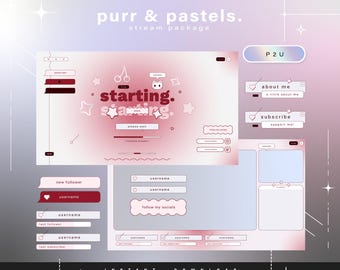 Ronronar e pastéis - Y2K - Pacote Twitch - Pacote de transmissão mínima animada - Cenas de transmissão - Sobreposições Twitch - Telas animadas - Painéis Twitch
