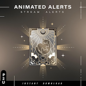 May include: Animated stream alert featuring a gold and white illustration of a cat curled up in a heart shape with the word "MEOW" below. The illustration is set against a dark grey background with a gold frame and stars.