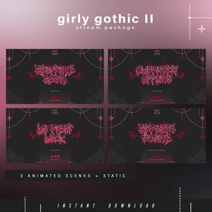 Może przedstawiać: Cyfrowy pakiet streamingu w stylu girly gothic. Projekt zawiera cztery ciemnoszare panele z czerwonymi akcentami, nietoperzami i elementami dekoracyjnymi. Tekst "girly gothic II" znajduje się na g&oacute;rze, z "3 animowanymi scenami + statycznymi" i "natychmiastowym pobraniem" na dole.