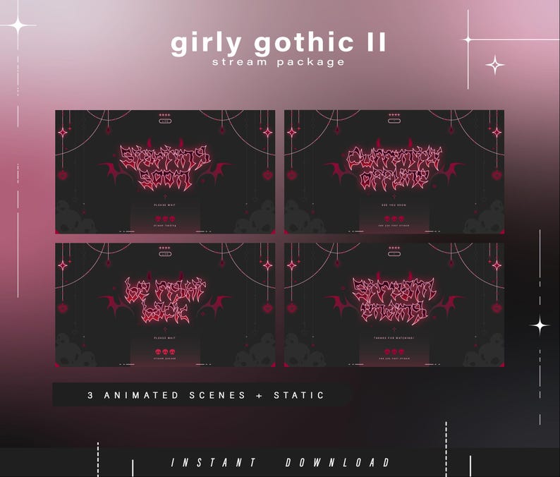 Może przedstawiać: Cyfrowy pakiet streamingu w stylu girly gothic. Projekt zawiera cztery ciemnoszare panele z czerwonymi akcentami, nietoperzami i elementami dekoracyjnymi. Tekst "girly gothic II" znajduje się na g&oacute;rze, z "3 animowanymi scenami + statycznymi" i "natychmiastowym pobraniem" na dole.