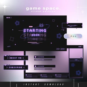 Könnte beinhalten: Ein digitales Stream-Paket mit einem lila und schwarzen Farbschema. Das Design umfasst Elemente wie einen "Starting Soon"-Bildschirm, "About Me"- und "Subscribe"-Buttons sowie eine "New Follower"-Benachrichtigung. Der Text "Instant Download" befindet sich unten.