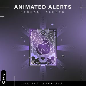 May include: Animated alert for Twitch streams featuring a purple and white illustration of a cat curled up in a heart with the word "MEOW" below it.