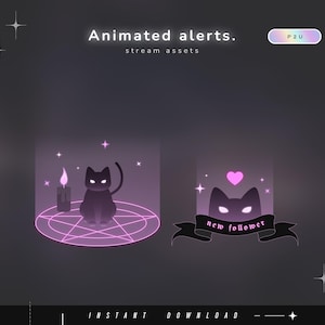 May include: Digital stream assets featuring animated alerts with text reading Animated alerts, stream assets, P2U, and new follower. Graphics include a dark cat sitting on a glowing pink pentagram with a candle and a cat silhouette with a pink heart.