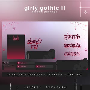 Może przedstawiać: Cyfrowy pakiet streamingu zatytułowany "girly gothic II" z ciemnor&oacute;żową i czarną kolorystyką. Projekt zawiera nakładki, panele i okno czatu. Tekst zawiera "merch", "socials", "contact" i "about me". Natychmiastowe pobieranie.