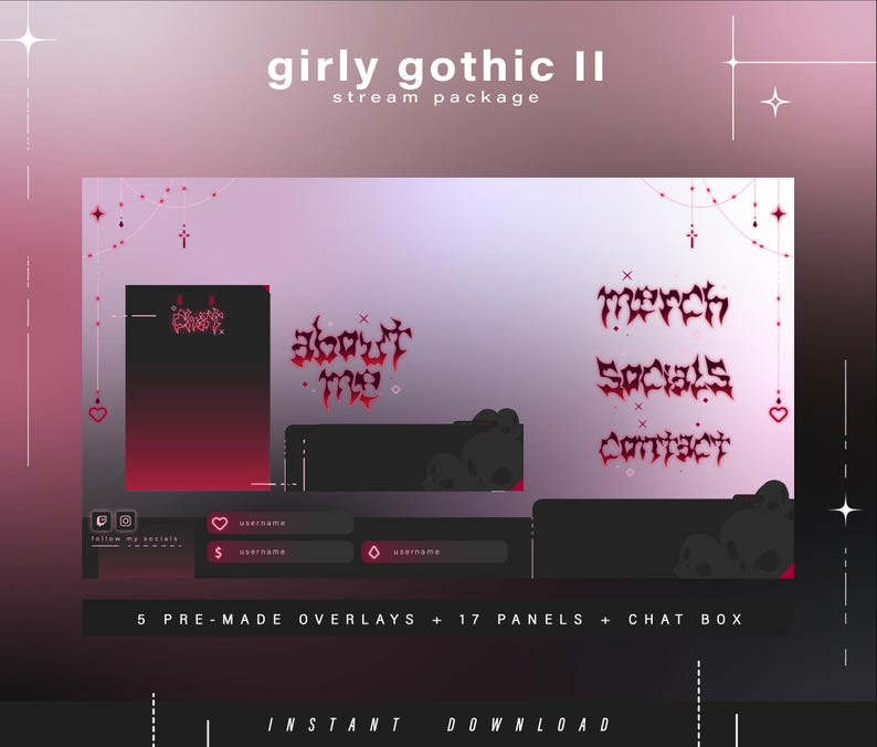 Może przedstawiać: Cyfrowy pakiet streamingu zatytułowany "girly gothic II" z ciemnor&oacute;żową i czarną kolorystyką. Projekt zawiera nakładki, panele i okno czatu. Tekst zawiera "merch", "socials", "contact" i "about me". Natychmiastowe pobieranie.
