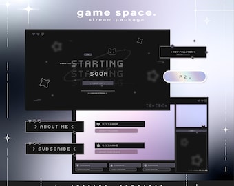 May include: A digital stream package with a dark theme, featuring a main display with the text "STARTING SOON". Additional panels include "ABOUT ME", "SUBSCRIBE", and "NEW FOLLOWER" buttons, along with a "P2U" button. The design incorporates pixelated elements and a space theme.