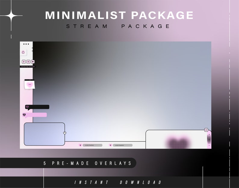K&ouml;nnte beinhalten: Ein minimalistisches Stream-Paket-Design mit einem rosa und grauen Farbschema. Das Design enth&auml;lt einen gro&szlig;en rechteckigen Bereich f&uuml;r den Haupt-Stream-Inhalt, einen kleineren rechteckigen Bereich f&uuml;r den Chat und eine herzf&ouml;rmige &Uuml;berlagerung. Der Text "MINIMALIST PACKAGE" und "STREAM PACKAGE" wird oben im Design angezeigt. Der Text "5 PRE-MADE OVERLAYS" und "INSTANT DOWNLOAD" wird unten im Design angezeigt.
