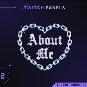 May include: A blue and purple iridescent heart-shaped chain with the text "About Me" in a gothic font.