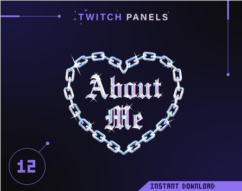 May include: A blue and purple iridescent heart-shaped chain with the text "About Me" in a gothic font.