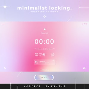 Op de afbeelding: Een roze en paarse gradiëntscherm met een aftelklok die "00:00" aangeeft en de tekst "Stream starting soon". Het scherm heeft ook een vergrendelingspictogram en een herinneringspictogram. De tekst "minimalist locking. animated screens" staat bovenaan de afbeelding.