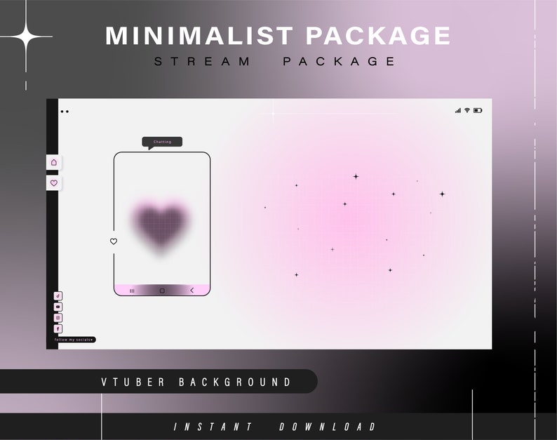 K&ouml;nnte beinhalten: Ein minimalistischer rosa und wei&szlig;er Streamer-Hintergrund mit einer Herzform in der Mitte eines Telefonbildschirms. Der Text "MINIMALIST PACKAGE STREAM PACKAGE" befindet sich oben im Bild. Der Text "VTUBER BACKGROUND" befindet sich unten im Bild. Der Text "INSTANT DOWNLOAD" befindet sich unten im Bild.
