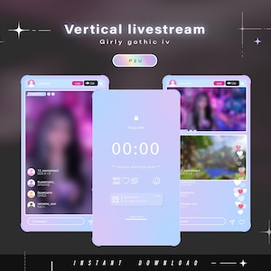 May include: A digital overlay set for vertical livestreams featuring a light purple gradient theme with rounded corners. The design includes a countdown screen with 00:00 text, chat boxes, heart icons, and user interface elements for a streaming platform.