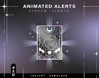 May include: Animated alert for Twitch streams featuring a white cat with a crescent moon and stars in a black and white frame with the word "MEOW" in a banner.