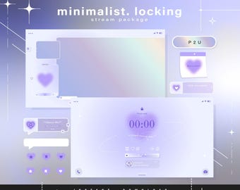 May include: A purple and white minimalist Twitch stream package with a timer, a "About Me" section, and a "P2U" button. The package features a heart design and a holographic background.