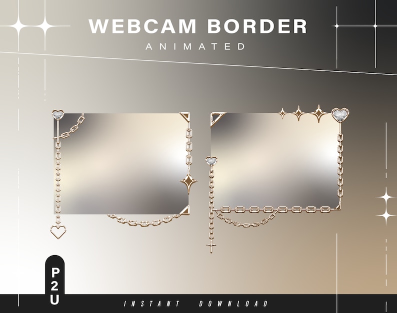 K&ouml;nnte beinhalten: Animierter Webcam-Rahmen mit einer goldenen Kette und Diamant-Herz-Akzenten. Der Text "WEB CAM BORDER ANIMATED" befindet sich oben im Bild.