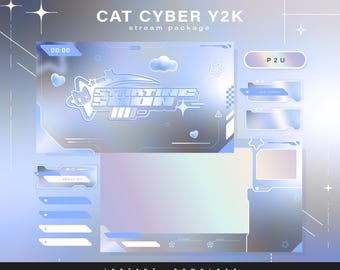 Cat cyber y2k - Pacote Twitch - Pacote de transmissão animada - Cenas de transmissão - Sobreposições Twitch - Telas animadas - Vtuber - Painéis Twitch Stream