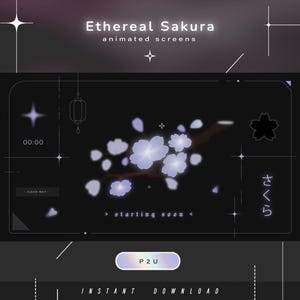 Könnte beinhalten: Ein dunkles digitales Bildschirm-Overlay mit dem Titel Ethereal Sakura animated screens, das einen zentralen Zweig mit leuchtend hellvioletten Kirschblüten, ein Laternensymbol, einen 00:00-Timer, den Text starting soon und japanische Schriftzeichen zeigt.