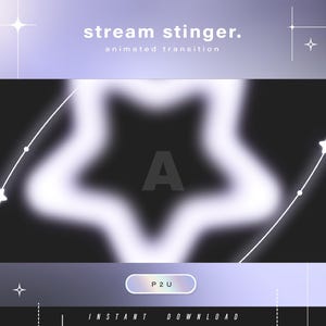 May include: A digital graphic with a star-shaped animated transition. The design features a white, glowing star on a black background, with the letter "A" in the center. The text "stream stinger. animated transition" is at the top.