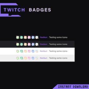 Pu&ograve; includere: Un set di quattro badge Twitch con un personaggio dei cartoni animati con sfondi di diversi colori. Il personaggio &egrave; blu chiaro, rosa, verde e giallo. Il testo "Hanbun: Testing some icons" &egrave; visualizzato sotto ogni badge.