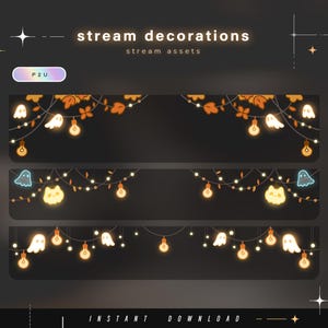 Può includere: Tre banner digitali orizzontali con decorazioni per streaming a tema Halloween. Le grafiche mostrano figure di fantasmi luminosi, lampadine e foglie autunnali su sfondi scuri. Il testo include stream decorations, stream assets, P2U e instant download.