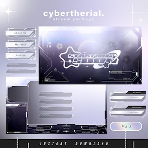 Op de afbeelding: Een digitaal stroompakket met een futuristisch ontwerp. Het pakket bevat overlays, panelen en een "Starting Soon"-scherm. Het kleurenschema is voornamelijk paars en wit, met een cybernetische esthetiek. Tekst bevat "cybertherial. stream package" en "INSTANT DOWNLOAD."