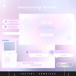May include: A digital stream package with a soft, pastel color scheme. The design includes chat boxes, a timer, and a screen display, all in shades of purple and white. Text includes "mourning blush", "Starting", and "Instant Download".