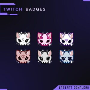 May include: Six different Twitch chat badges featuring a cartoon cat skull with different colored accents. The cat skulls are white, pink, purple, gray, black, and blue. Each cat skull has a sparkly effect around it.