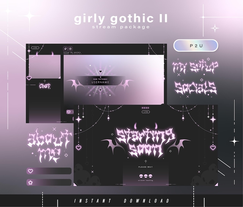 May include: A digital stream package titled "girly gothic II" with a dark purple and pink color scheme. The design includes stylized text, hearts, and bat-wing-like shapes. The package includes overlays for chat, about me, and starting soon screens.