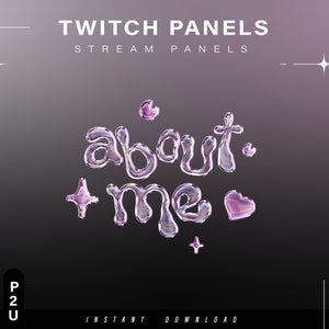 Peut inclure: Modèle de panneau Twitch avec le texte "about me" dans une police rose liquide. Le texte est entouré d'étoiles et d'un cœur.