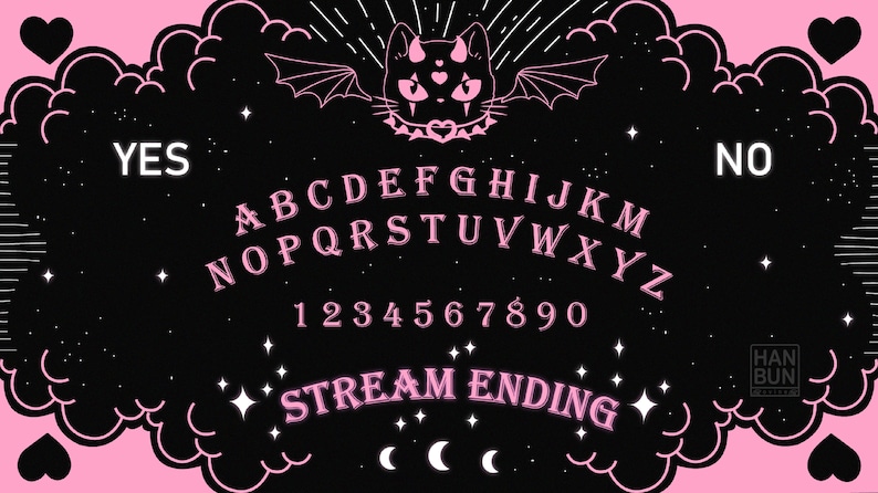 May include: A black and pink Ouija board with a cat illustration and the words "STREAM ENDING" in pink. The board has the letters of the alphabet, numbers 1-9 and 0, and the words "YES" and "NO".