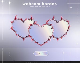 May include: Three heart-shaped webcam borders with a red, jagged, and metallic design. The borders are on a light purple background with the text "webcam border." and "stream resources" below. The text "P2U" is on a button in the center of the image.