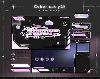 Pacote Twitch Cat Cyber Y2K - Pacote de Transmissão Animada - Cenas de Transmissão - Sobreposições Twitch - Telas Animadas - Vtuber - Painéis de Transmissão Twitch