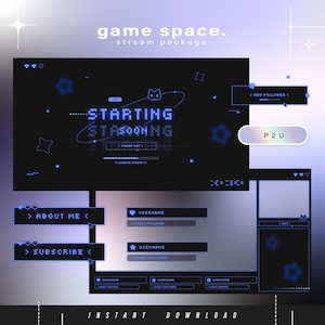 May include: A digital stream package with a dark blue and purple color scheme. The design includes the text "game space. stream package" and "STARTING STARSOONNG". Additional elements include buttons labeled "ABOUT ME" and "SUBSCRIBE".