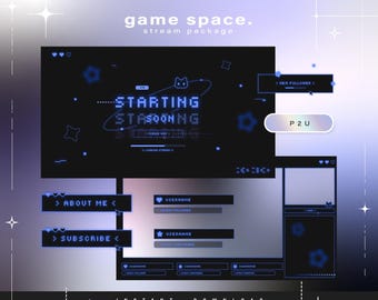 May include: A digital stream package with a dark blue and purple color scheme. The design includes the text "game space. stream package" and "STARTING STARSOONNG". Additional elements include buttons labeled "ABOUT ME" and "SUBSCRIBE".
