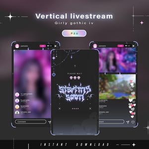 May include: A digital overlay set for vertical livestreams featuring a dark theme with gothic typography. The graphics include a 'Starting Soon' screen with skull icons, chat interface elements, and decorative star and heart accents in white and purple.