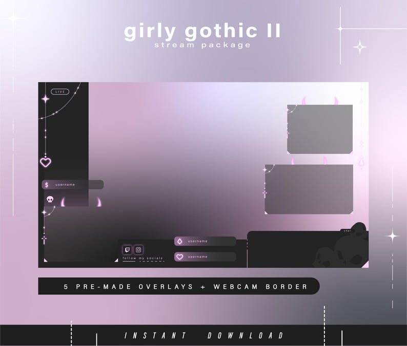 May include: A digital stream package with a girly gothic theme. The design features a gradient background in shades of purple and black, with decorative elements like hearts, stars, and skulls. The text "girly gothic II" and "stream package" are visible.