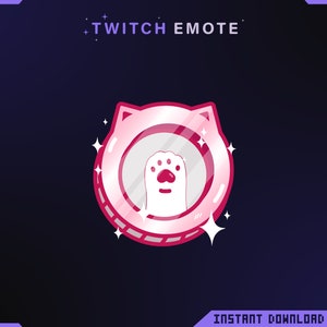 May include: A pink and white Twitch emote with a cat paw print inside a circle. The emote is surrounded by sparkles.