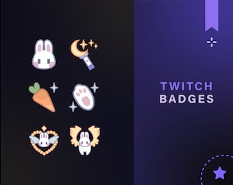 Könnte beinhalten: Ein Satz von neun Twitch-Badges mit einem weißen Kaninchen, einer Karotte, einem Pfotenabdruck, einem Zauberstab mit Halbmond, einem Herz mit Flügeln, einem Kaninchen mit Flügeln und Sternen. Der Text "TWITCH BADGES" wird in Weiß auf einem violetten Hintergrund angezeigt.